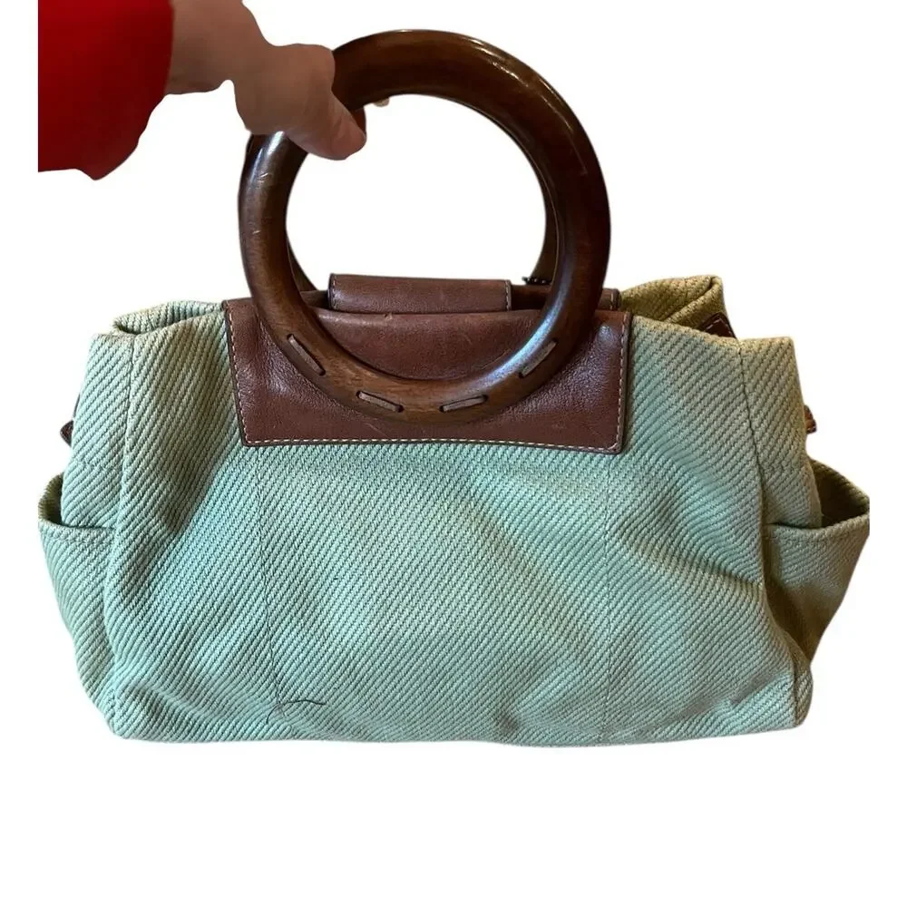 Fossil Wood Handle Rings purse Green Canvas Floral Logo Striped Lining